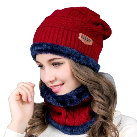 Women Winter Hat Scarf Slouchy BeanieSnow Knit Skull Cap high quality color wine - Picture 6 of 10